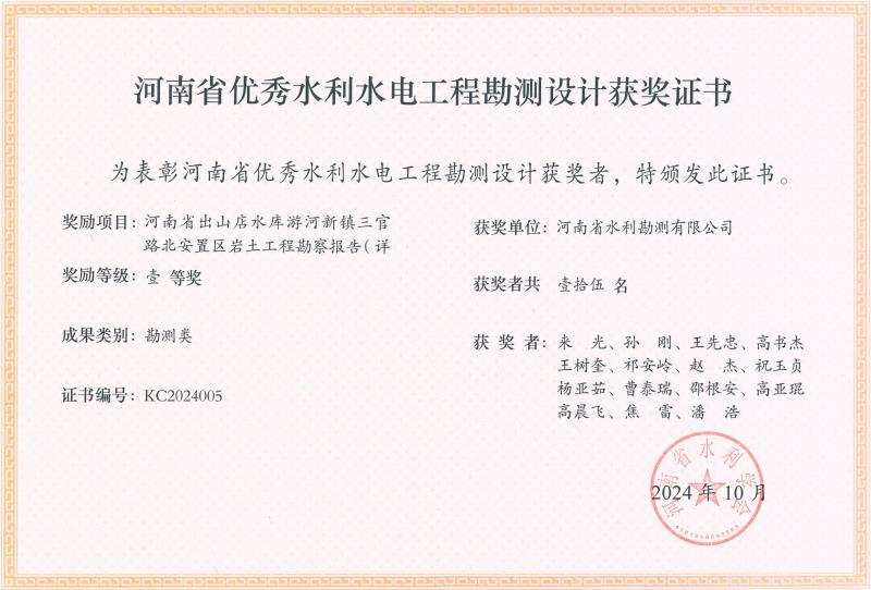 河南省优秀水利水电工程勘察设计奖